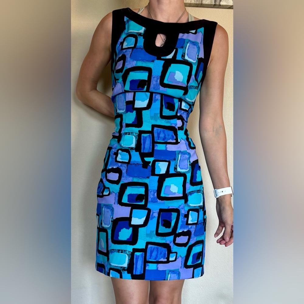 Vintage Blue Black Retro Pattern Midi Dress 10 Connected